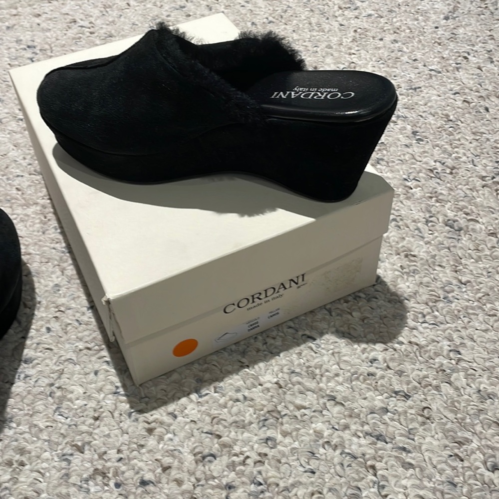 Cordani Black Suede shearling- lined slip on platform wedges. EUC